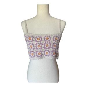 ZARA Crochet Daisy Floral Crop Top Multicolor Knit Boho Festival Tank XS